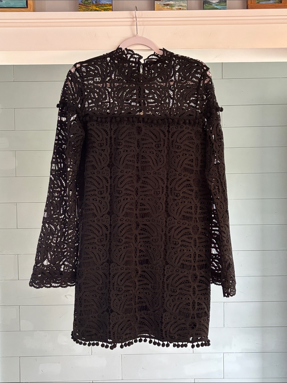 Tularosa Matilda Black Crochet Lace Long-Sleeve Shift‎ Dress